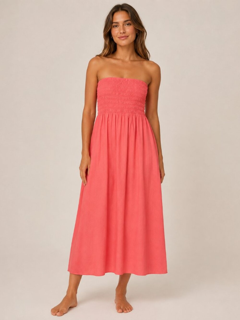Old Navy Women’s 2X Coral Pink 100% Cotton Smocked Strapless Maxi Dress